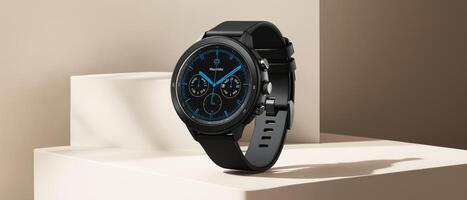 Black Smart Watch On Beige Backdrop photo