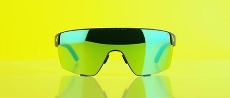 Green Mirrored Sunglasses On Yellow Background photo