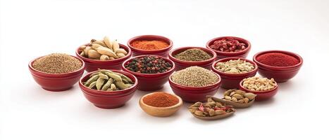 Assorted Spices In Bowls On White photo