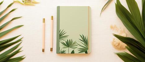 Notebook With Tropical Leaves And Pencils photo