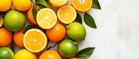 Assorted Citrus Fruits Flat Lay On White photo