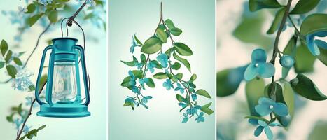 Turquoise Lantern With Blue Flowers Triptych photo