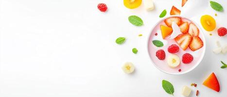 Yogurt Bowl With Fresh Fruit Flatlay photo