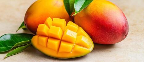 Fresh Mangoes With Diced Mango On Table photo