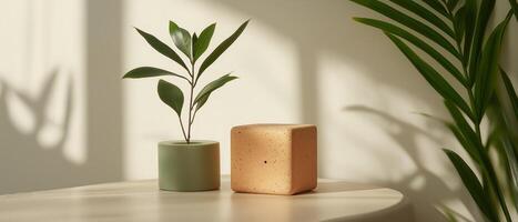 Minimalist Plant On Table With Shadow photo