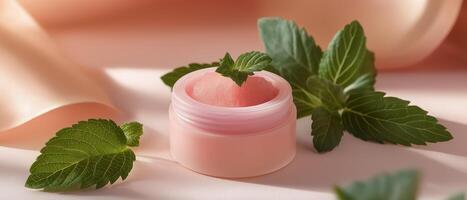 Pink Lip Balm With Mint Leaves photo