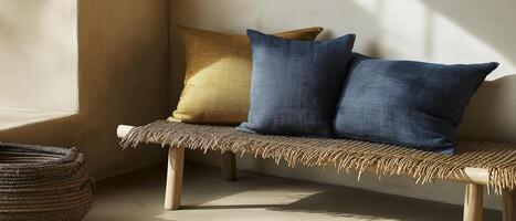 Cushions On Woven Bench, Neutral Interior photo