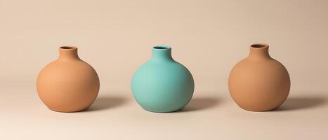 Three Decorative Vases On Beige Background photo