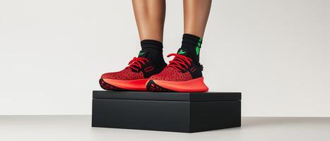 Red Sneakers Standing On Box Close-Up photo