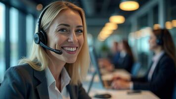 Smiling Blonde Woman Working At Call-center photo