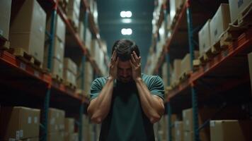 Stressed Man Holding Head In Warehouse photo