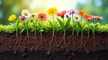 Colorful Flowers Showing Roots In Soil photo