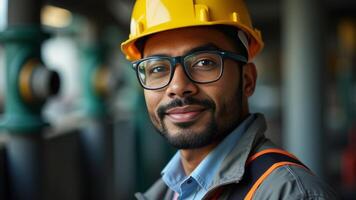 Smiling Engineer In Hard Hat, Indoors photo