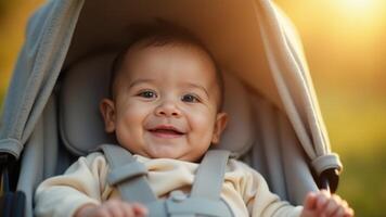 Smiling Baby Boy Sitting In Stroller photo