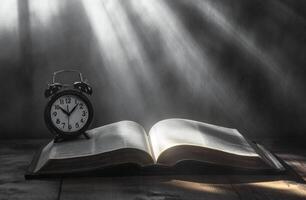 Open Book With Clock In Sunlight photo