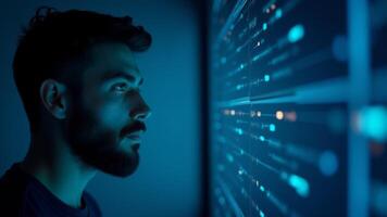 Man Viewing Digital Data Stream On Screen photo