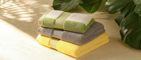 Folded Bath Towels Stacked With Greenery photo