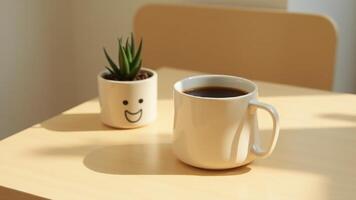 Coffee Cup And Small Cactus On Table photo