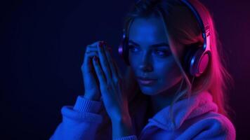 Woman With Headphones In Neon Light photo