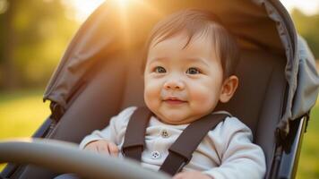 Happy Baby In Stroller Sunny Day photo