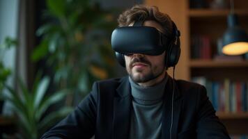 Man Experiencing Virtual Reality With Headset photo