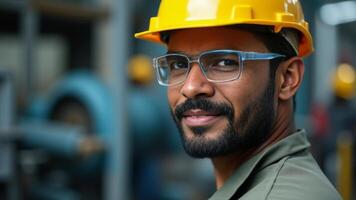 Factory Worker Smiling In Hard Hat photo