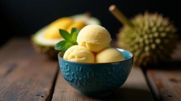 Durian Ice Cream In Blue Bowl photo