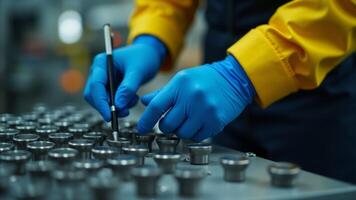 Engineer Inspecting Manufactured Metal Parts Closely photo