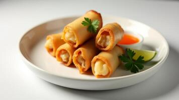 Fried Spring Rolls Served With Chili Sauce photo