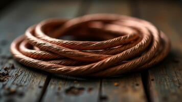 Rolled Copper Cable On Rustic Wood photo