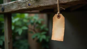 Blank Tag Hanging From Rustic Ladder photo