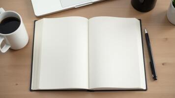 Open Blank Book With Coffee And Laptop photo
