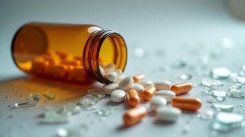 Pills Spilling From Bottle on Shattered Glass photo