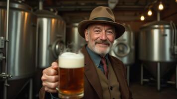 Senior Brewer Holding Mug With Beer photo
