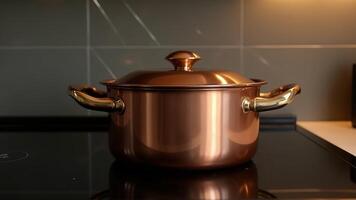 Copper Cooking Pot On Induction Hob photo