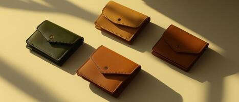 Four Leather Wallets Arranged On Beige Surface photo