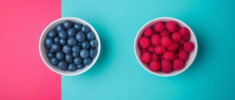 Bowls Of Blueberries And Raspberries On Background photo