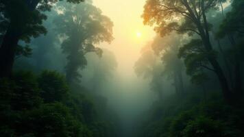 Foggy Forest Scene With Sunlight photo