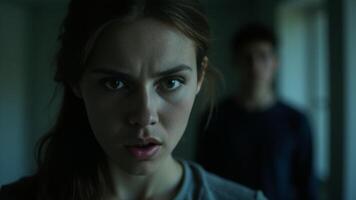 Worried Woman With Man In Background photo