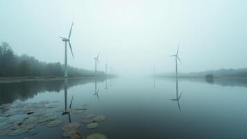 Wind Turbines Reflected In Foggy Lake photo