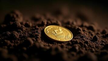 Golden Coin Embedded In Soil, Close-Up photo