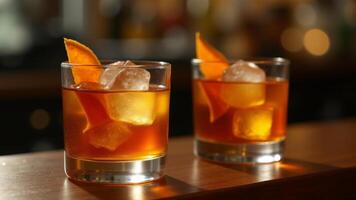 Two Old Fashioned Cocktails With Orange Zest photo