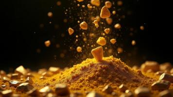 Falling Turmeric Powder And Pieces photo