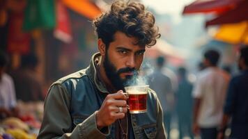 Man Drinking Chai At Outdoor Market photo