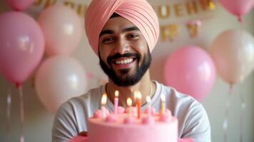 Smiling Indian Man Holding Birthday Cake photo