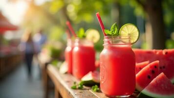 Fresh Watermelon Juice In Mason Jars photo