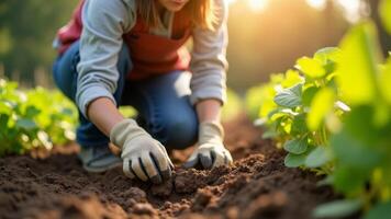 Female Gardener Planting Seedlings In Soil photo