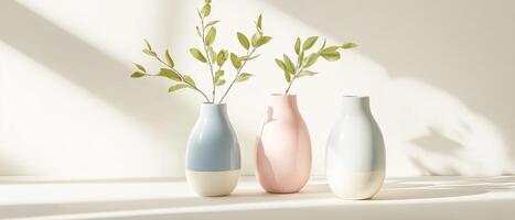 Pastel Vases With Green Branches Still Life photo