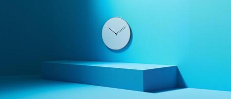 Minimalist Blue Room With Clock And Stage photo
