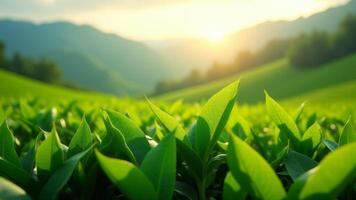 Tea Plantation With Green Leaves And Hills photo